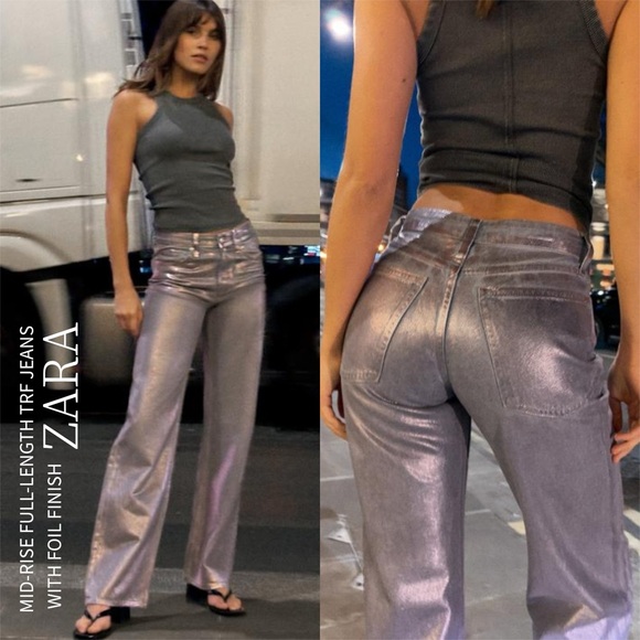 ZARA NEW MID-RISE FULL-LENGTH TRF JEANS FOIL FINISH PANT PINK 6045/036/334/010 - Picture 1 of 7